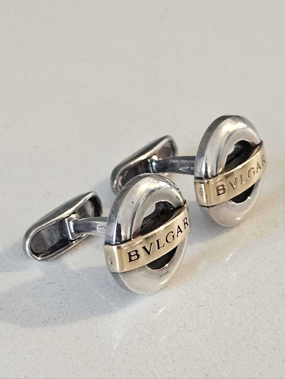 Authentic Bulgari Bvlgari Two-Tone 750 18k Gold & Sterling Silver Cufflinks - Picture 7 of 8